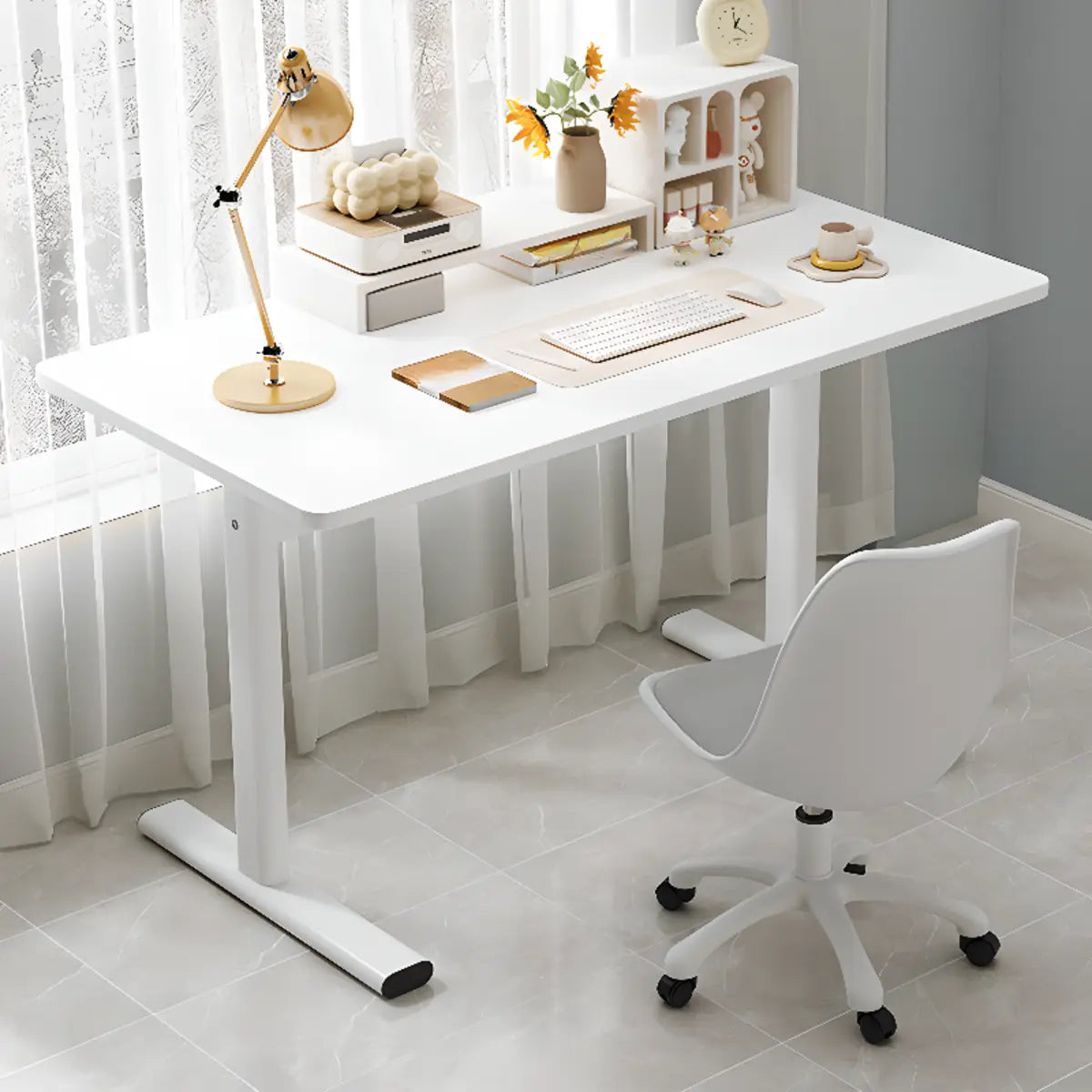 Minimalist White Lumber Rectangle T-Shape Writing Desk Image - 1