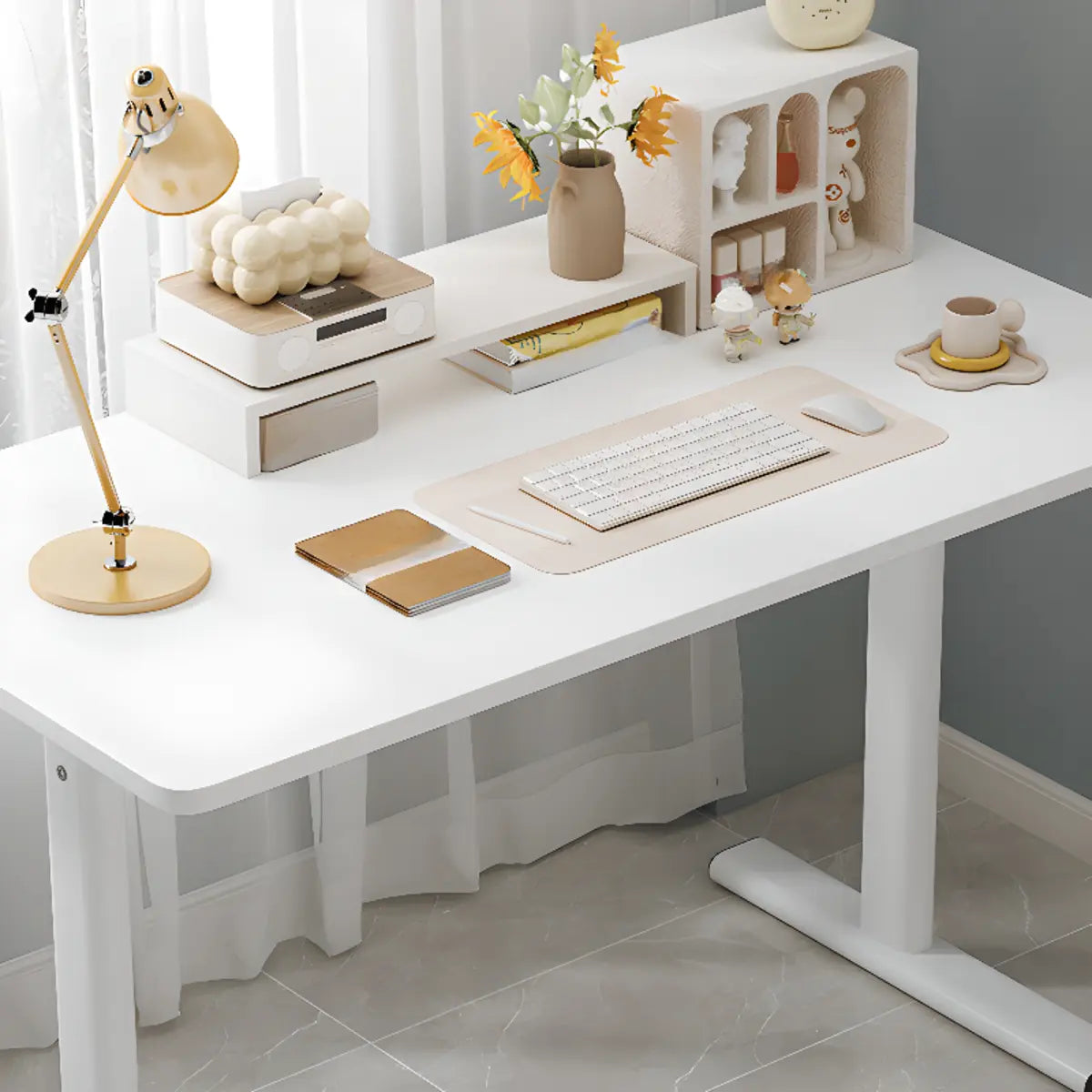 Minimalist White Lumber Rectangle T-Shape Writing Desk Image - 13