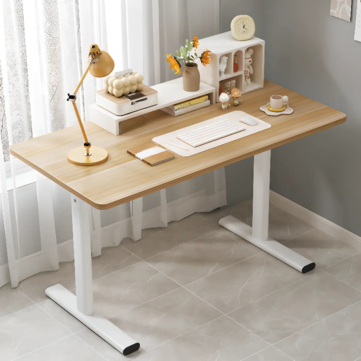 Minimalist White Lumber Rectangle T-Shape Writing Desk Image - 9