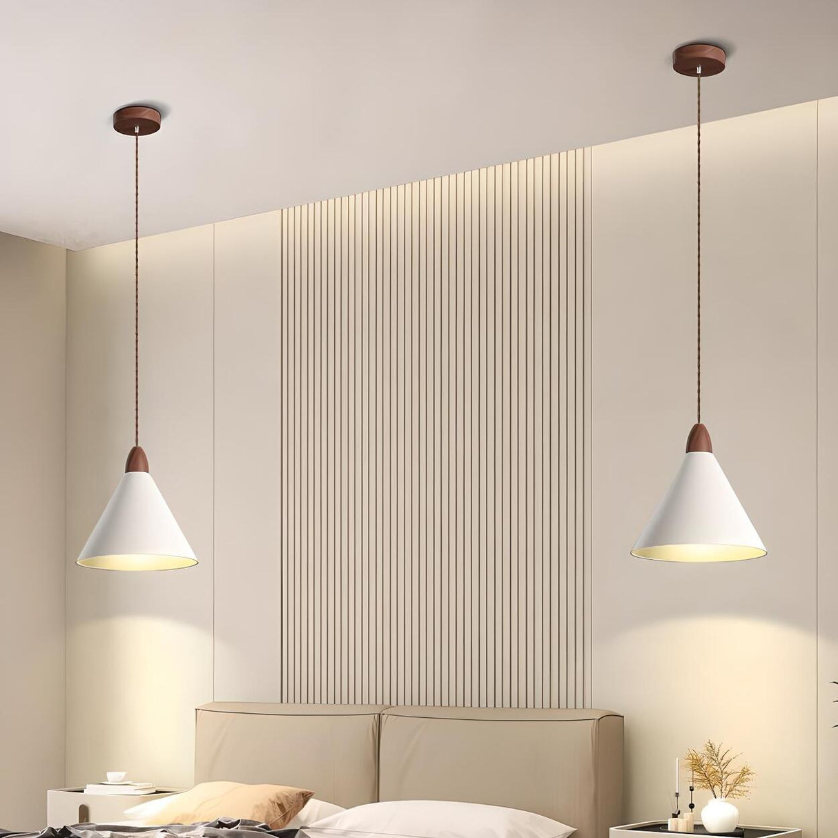 Minimalist White Metal Cone Bedroom Pendant Light Image - 1