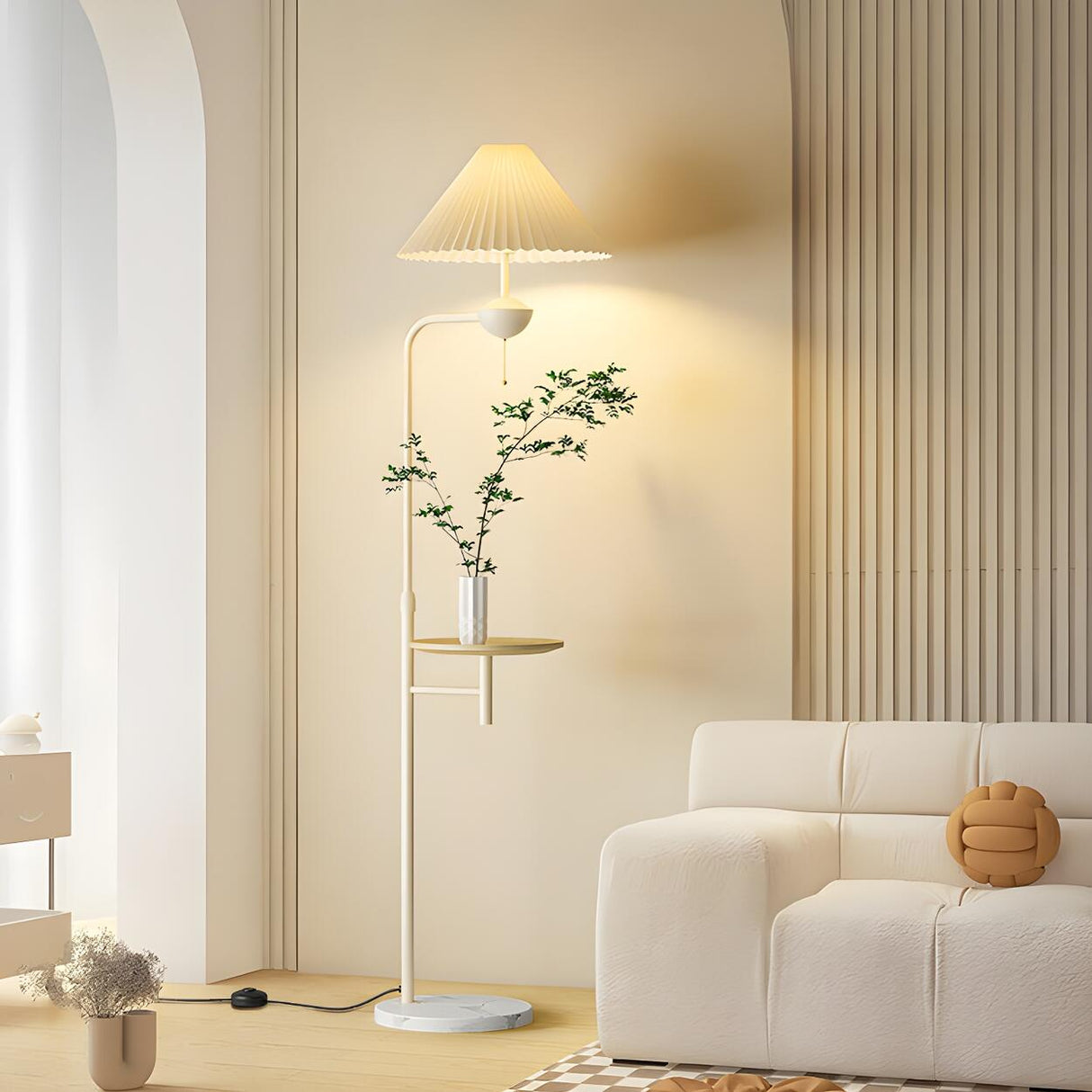 Minimalist White Pleated Floor Lamp with Side Table Image - 1