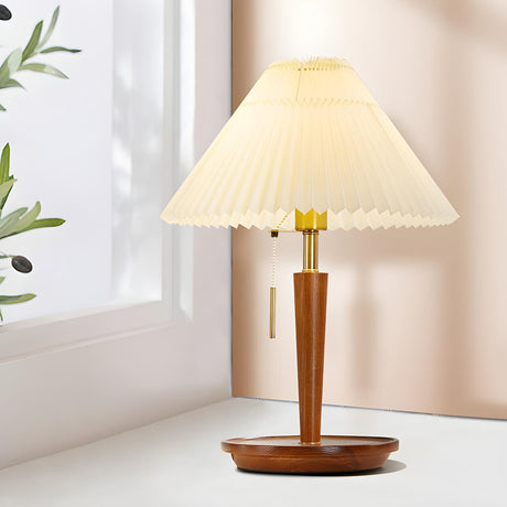 Minimalist White Pleated Shade Wooden Base Table Lamp Image - 1