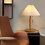 Minimalist White Pleated Shade Wooden Base Table Lamp Image - 12