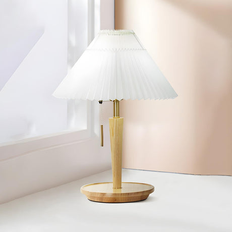 Minimalist White Pleated Shade Wooden Base Table Lamp Image - 2