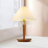 Minimalist White Pleated Shade Wooden Base Table Lamp Image - 3