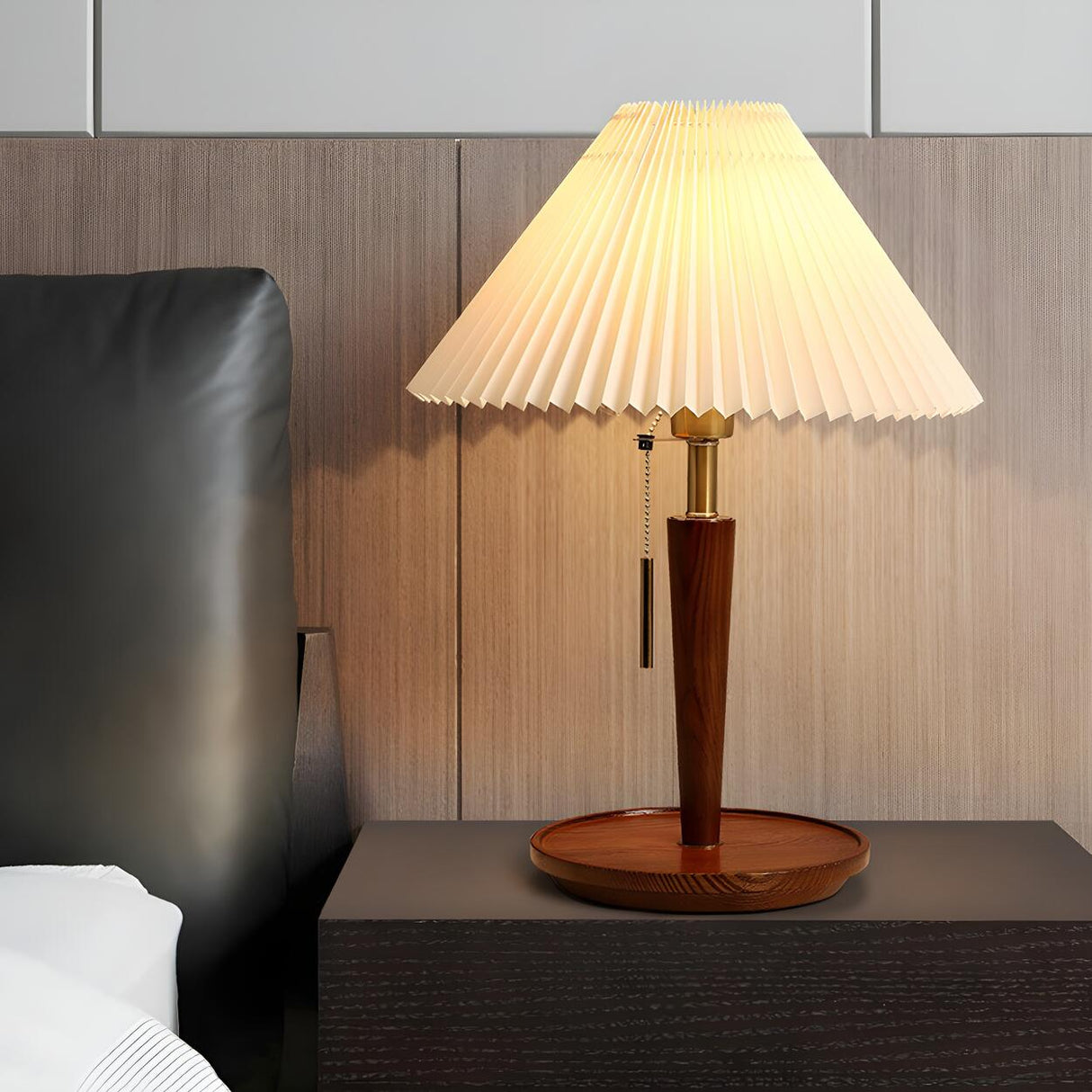 Minimalist White Pleated Shade Wooden Base Table Lamp Image - 4