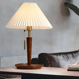 Minimalist White Pleated Shade Wooden Base Table Lamp Image - 5