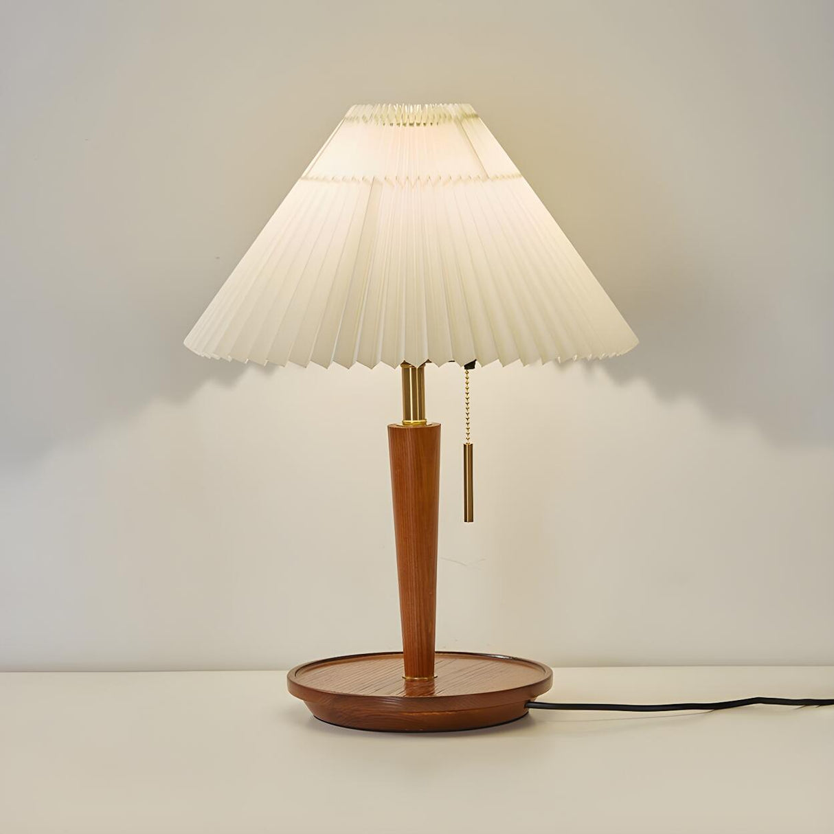 Minimalist White Pleated Shade Wooden Base Table Lamp Image - 8