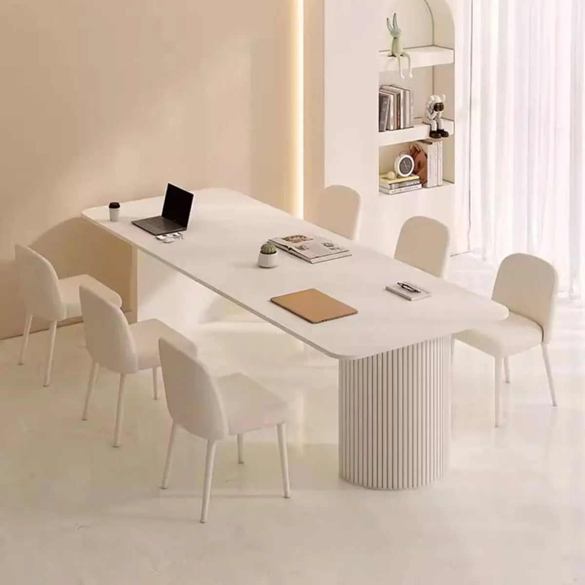 Minimalist White Rectangle Stone Conference Desk 6-Person Image - 3