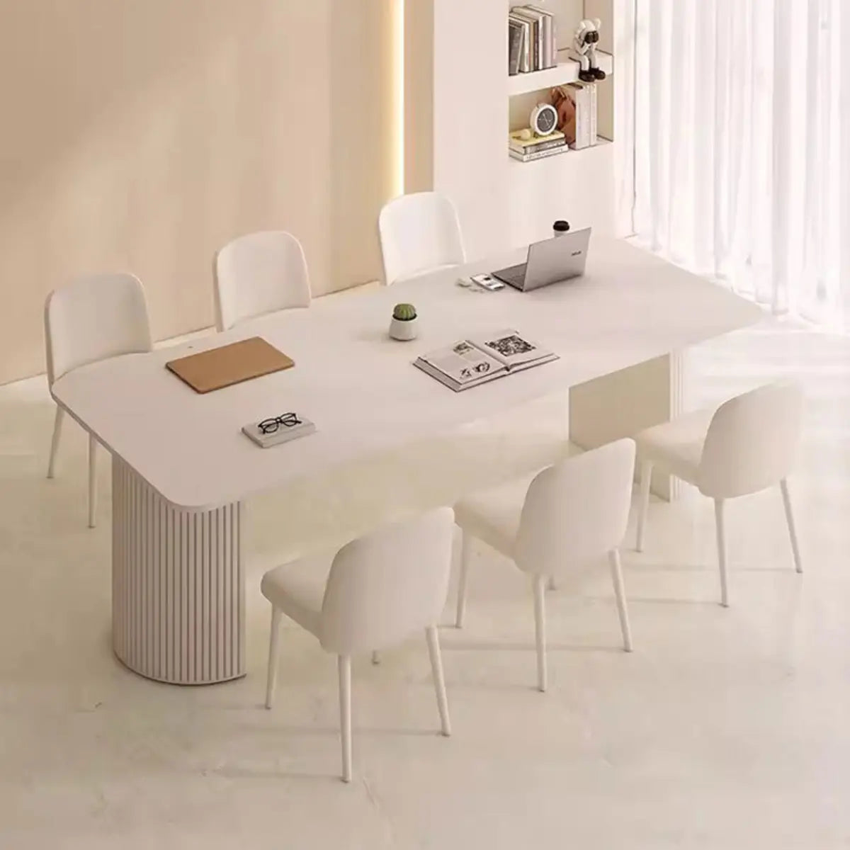 Minimalist White Rectangle Stone Writing Desk 6-Person Image - 4