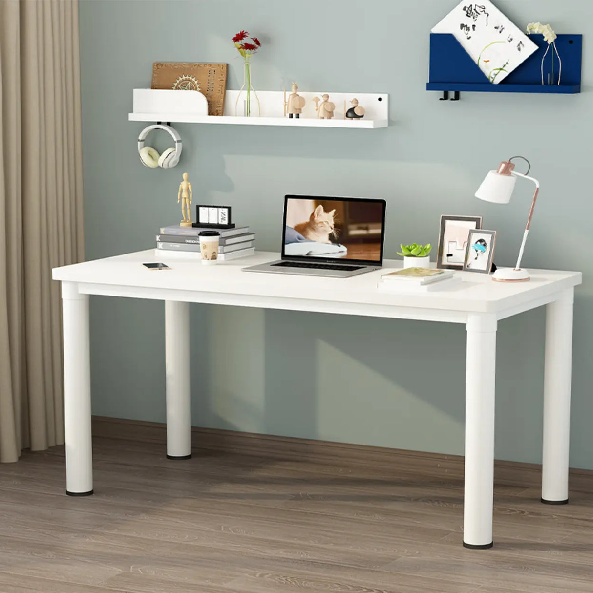 Minimalist White Rectangle Wood Double Writing Desk Image - 1