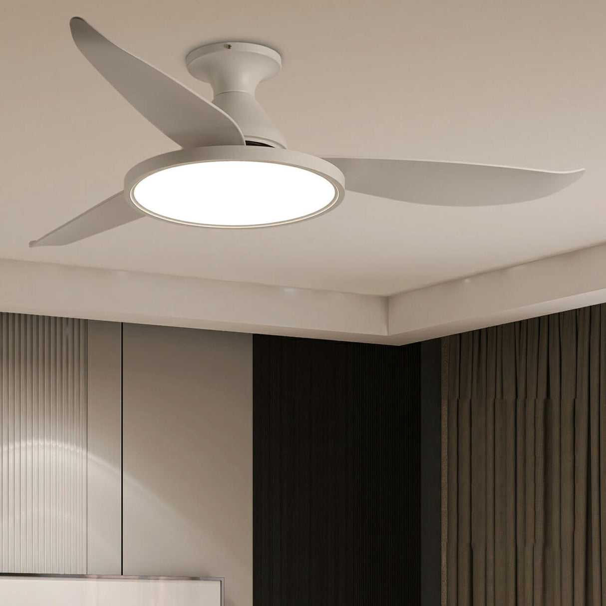 Minimalist White Remote Metal LED Ceiling Fan Light Image - 1