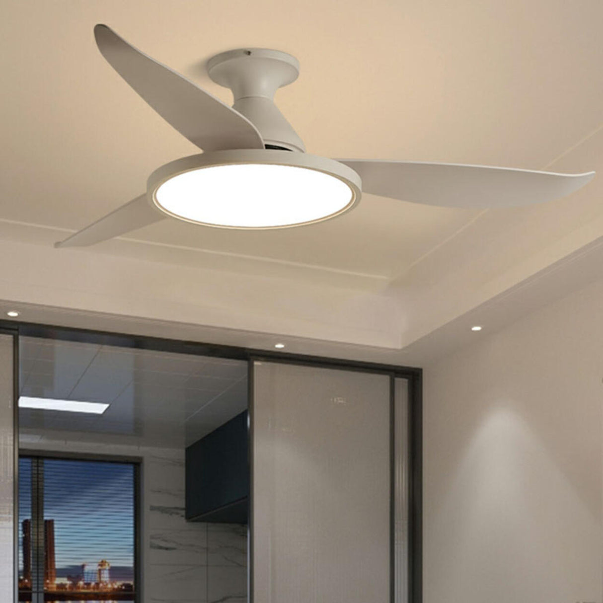 Minimalist White Remote Metal LED Ceiling Fan Light Image - 2