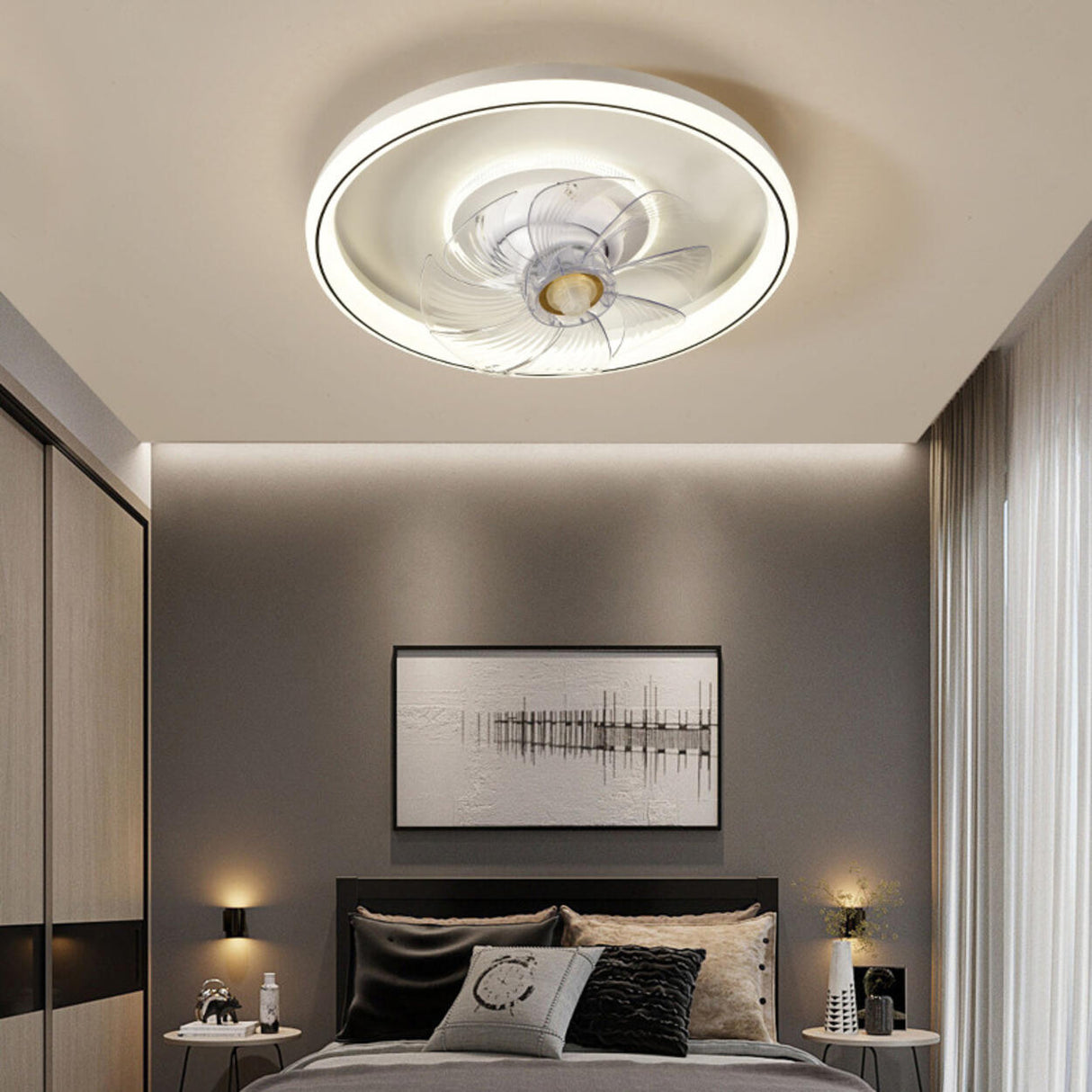 Minimalist White Round 8 Clear Blade Ceiling Fan Light Image - 4