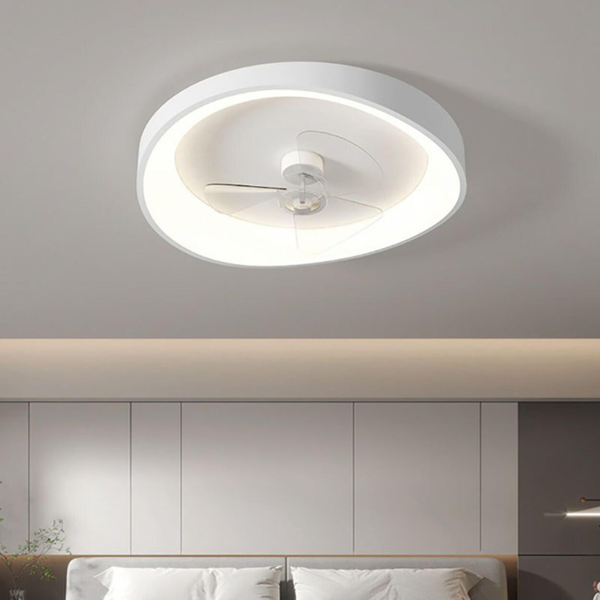 Minimalist White Round Flush Mount Ceiling Fan Light Image - 2