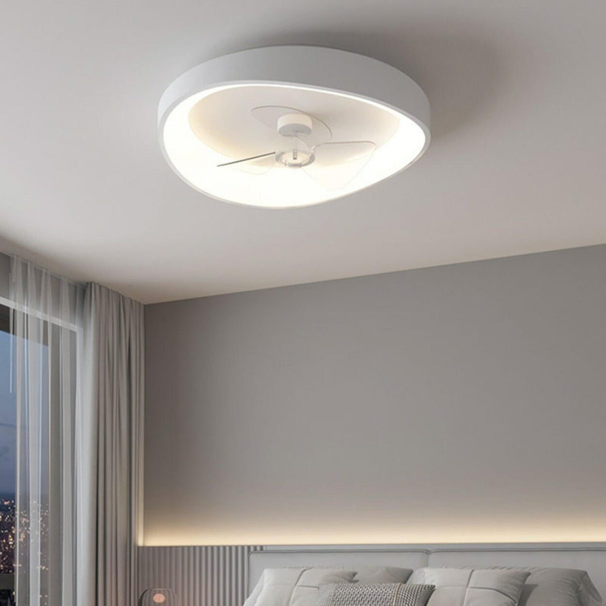 Minimalist White Round Flush Mount Ceiling Fan Light Image - 4