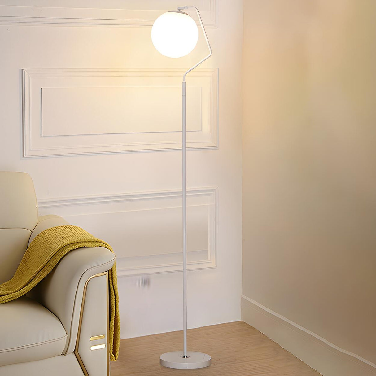 Minimalist White Round Globe Metal LED Floor Lamp Image - 1