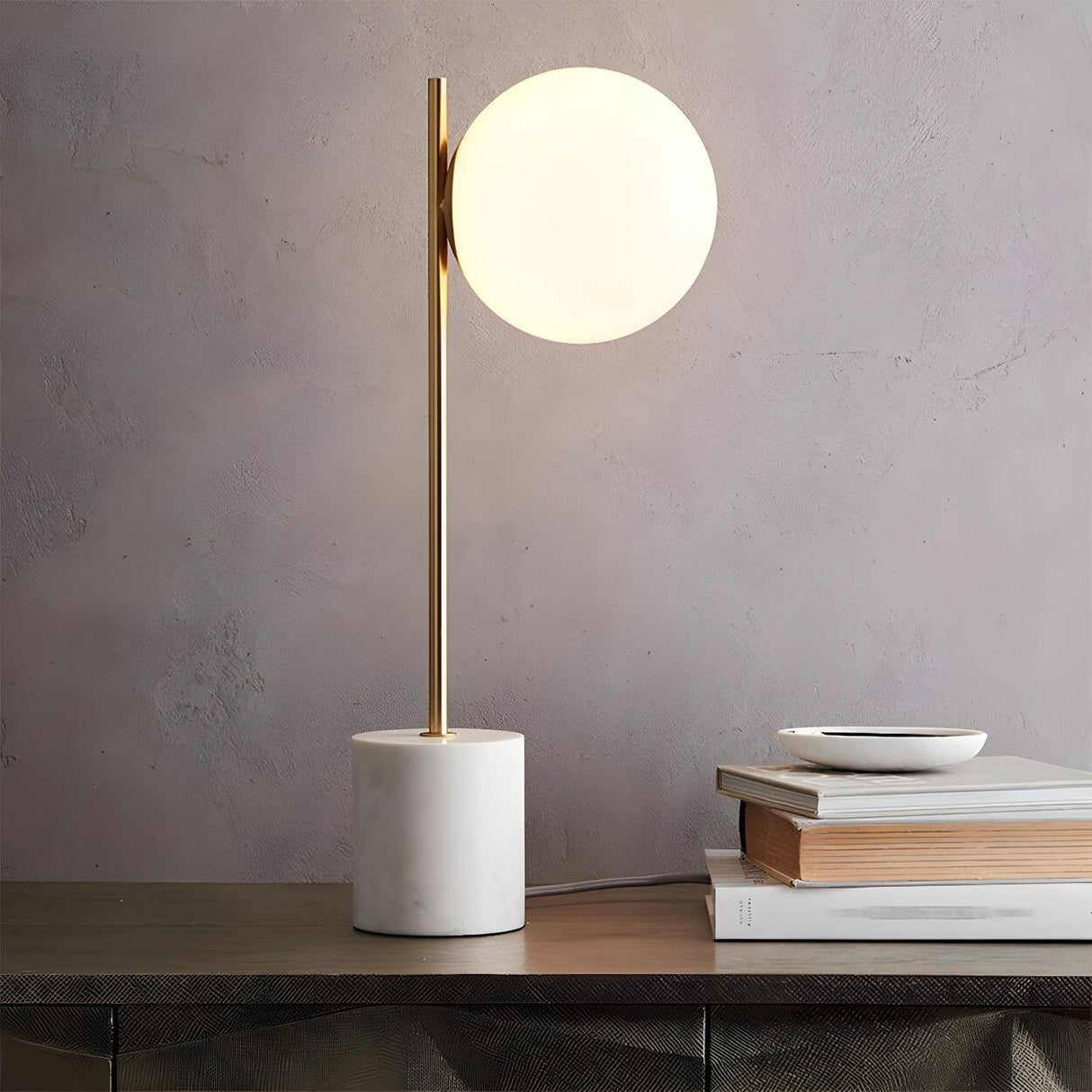 Minimalist White Sphere Shade Marble Base Table Lamp Image - 1