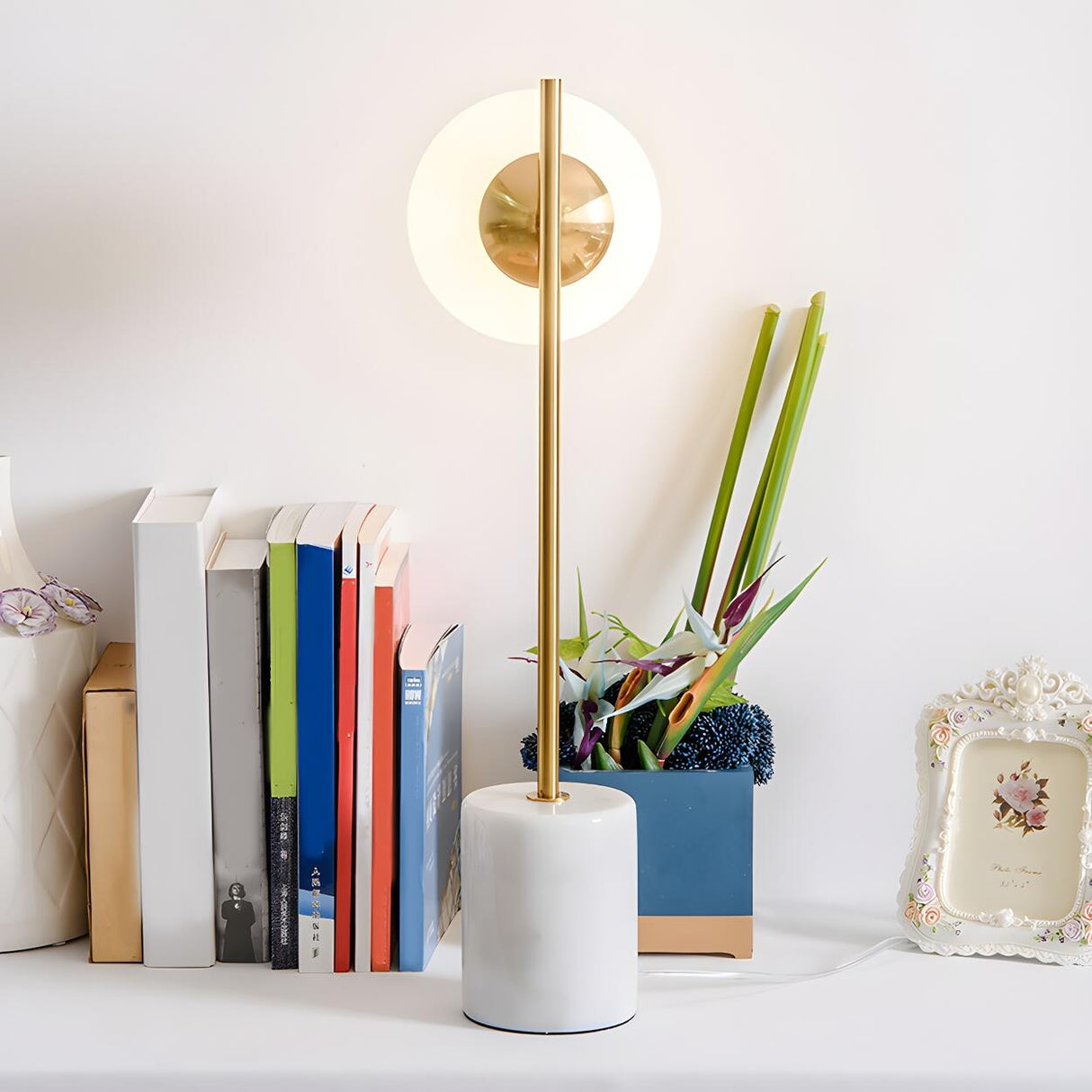 Minimalist White Sphere Shade Marble Base Table Lamp Image - 12