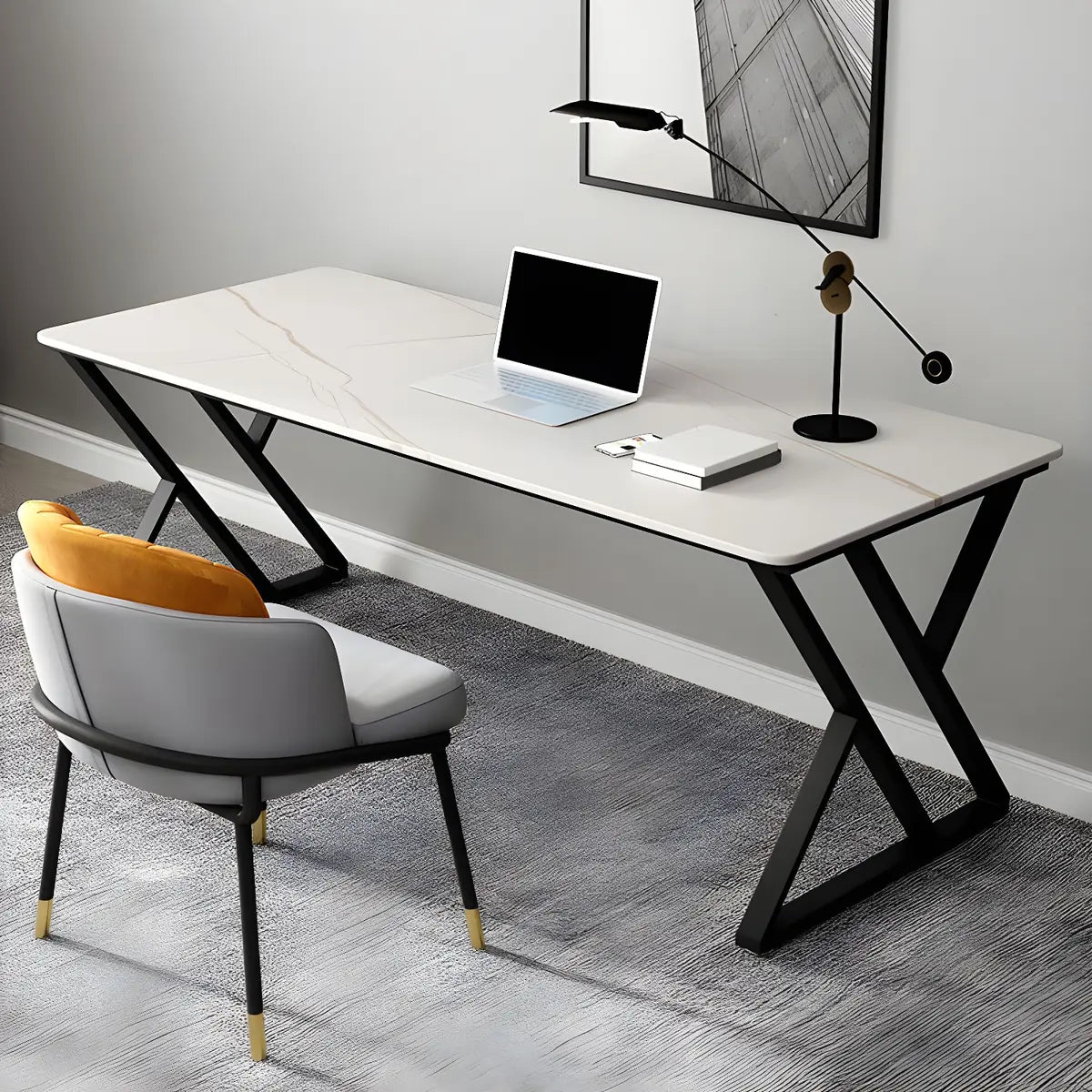 Minimalist White Stone Rectangle Metal Sled Gaming Desk Image - 4