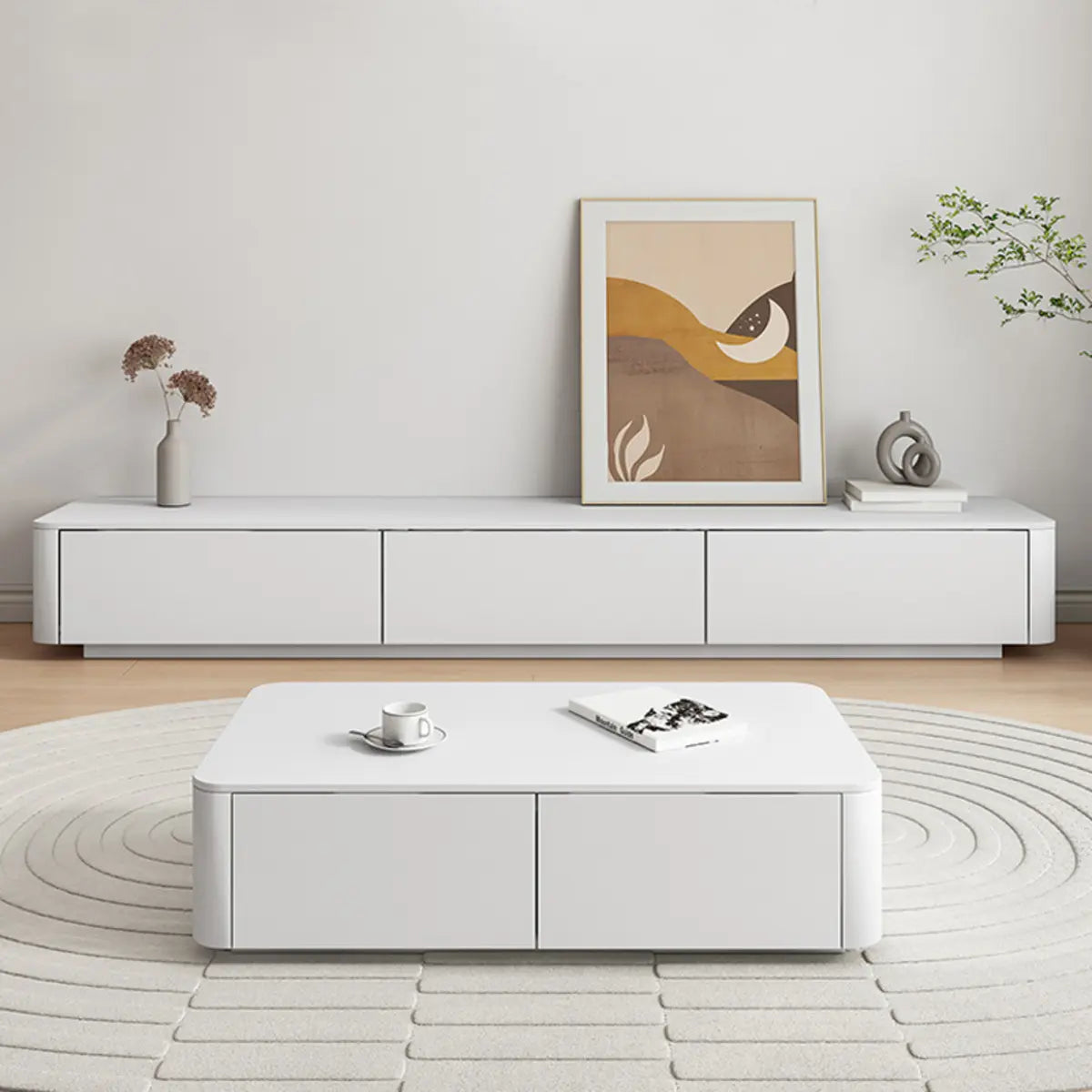 Minimalist White Wooden Long TV Stand with Drawers Image - 1