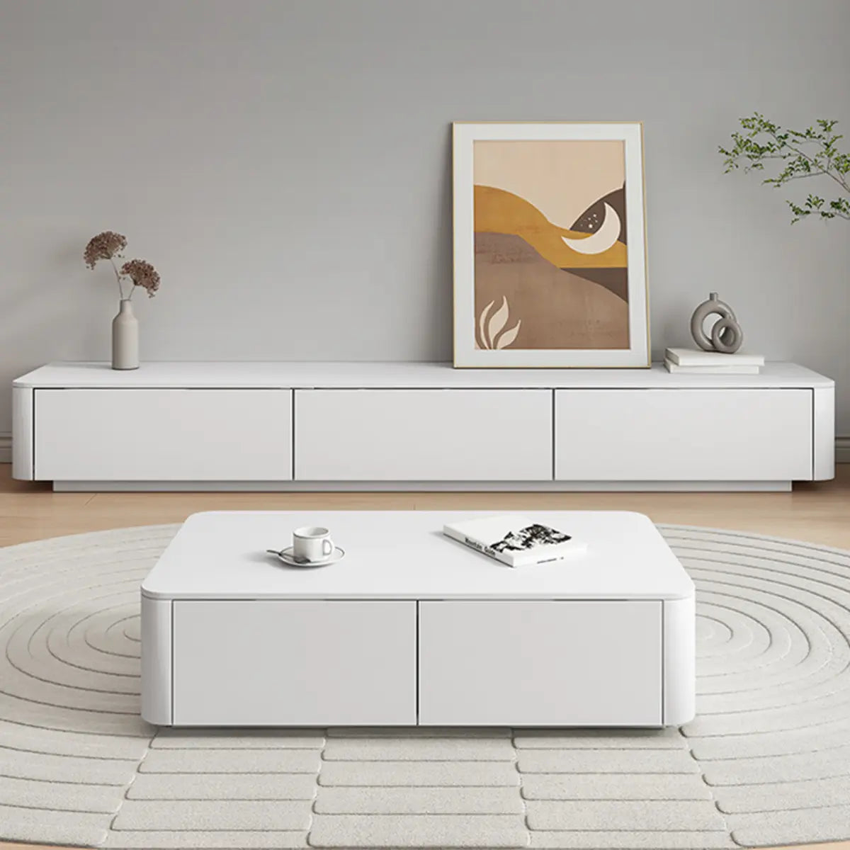 Minimalist White Wooden Long TV Stand with Drawers Image - 9