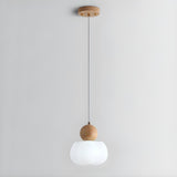 Minimalist Wood Accented Drum Bedroom Pendant Light Image - 2