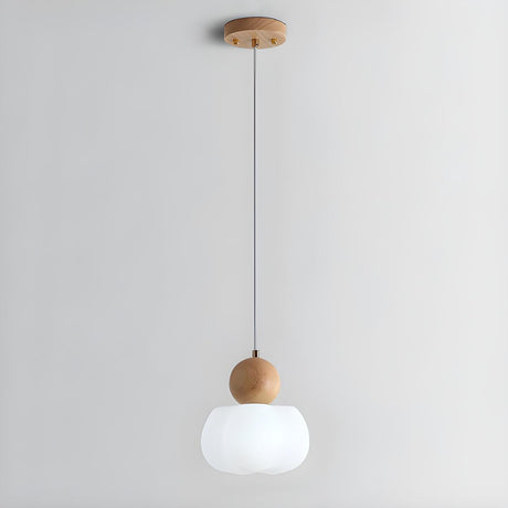 Minimalist Wood Accented Drum Bedroom Pendant Light Image - 2