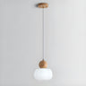 Minimalist Wood Accented Drum Bedroom Pendant Light Image - 2