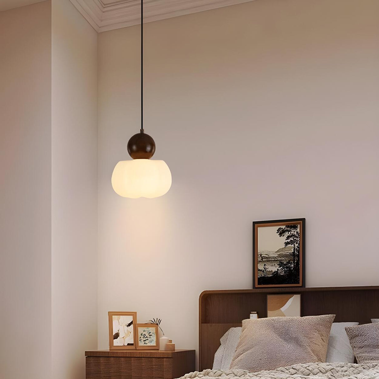 Minimalist Wood Accented Drum Bedroom Pendant Light Image - 6