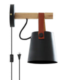 Minimalist Wood Leather Strap Cylinder Wall Sconce Image - 3