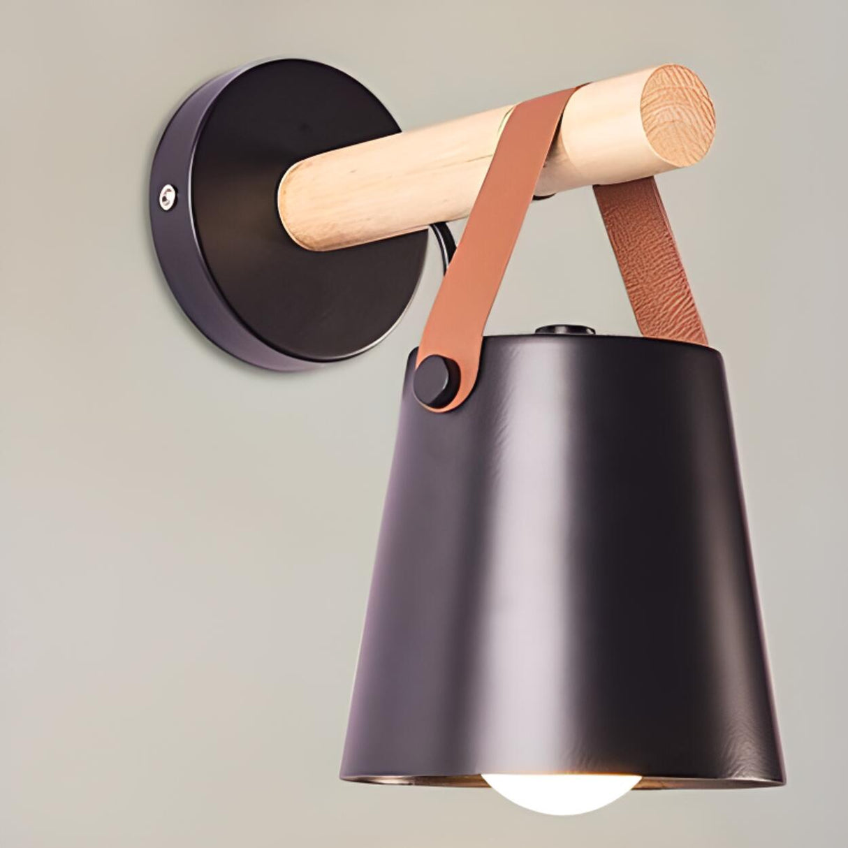 Minimalist Wood Leather Strap Cylinder Wall Sconce Image - 8