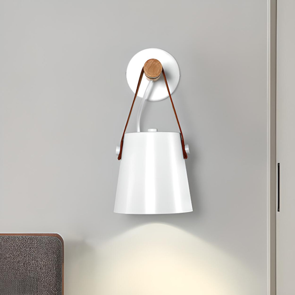 Minimalist Wood Leather Strap Cylinder Wall Sconce Image - 9