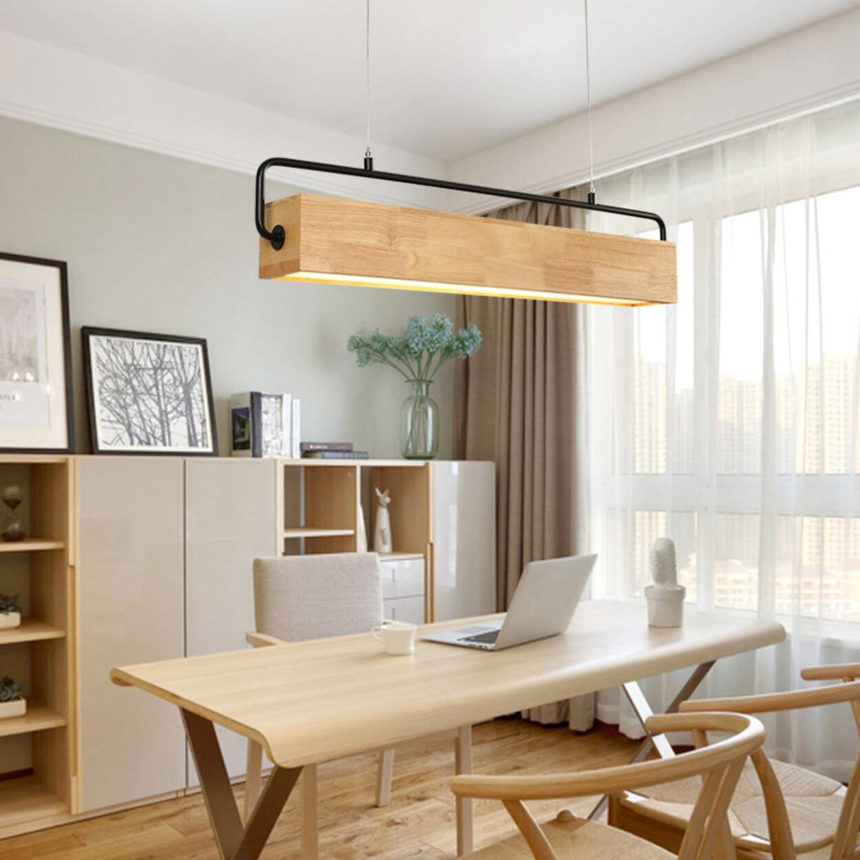 Minimalist Wood Rectangular Dining Room Pendant Light Image - 1