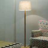 Minimalist Wood White Fabric Barrel Bedroom Floor Lamp Image - 2