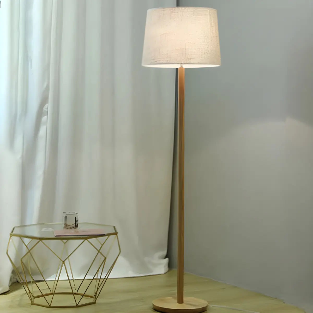 Minimalist Wood White Fabric Barrel Bedroom Floor Lamp Image - 3