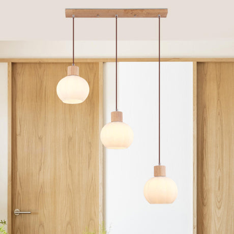 Minimalist Wood White Globe Glass Dining Room Pendant Light Image - 1