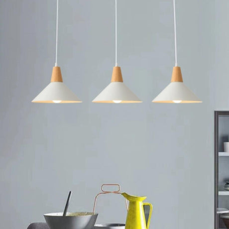 Minimalist Wood White Iron Conical Pendant Light Image - 1