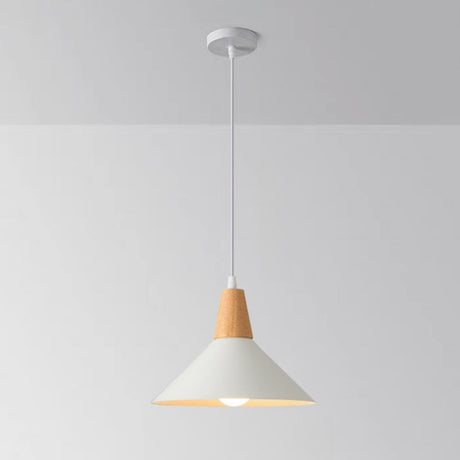 Minimalist Wood White Iron Conical Pendant Light Image - 2