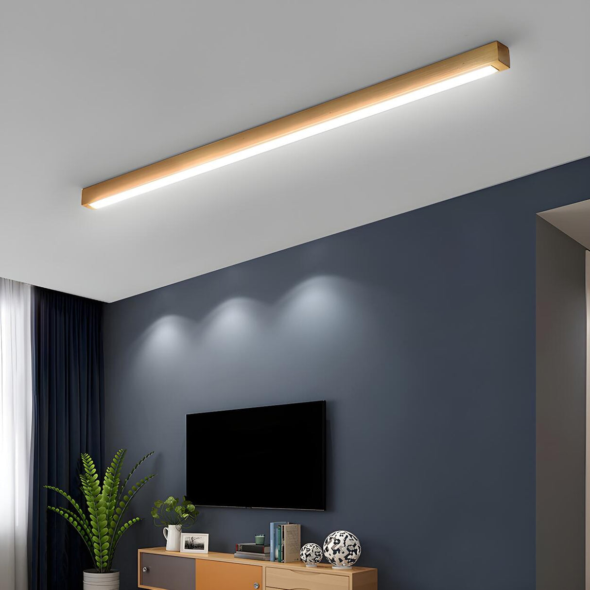 Minimalist Wooden Linear LED Flush Mount Ceiling Light Image - 1