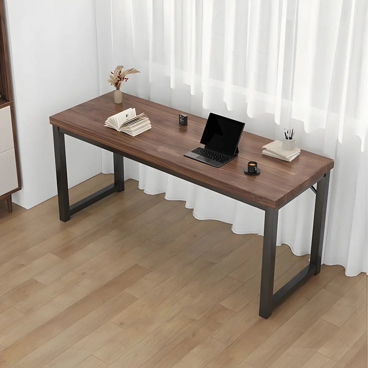 Minimalist Wooden Rectangle Sled Double Writing Desk Image - 2