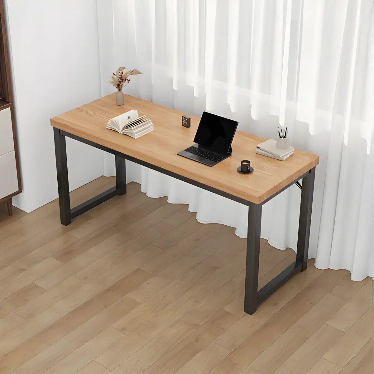 Minimalist Wooden Rectangle Sled Double Writing Desk Image - 6