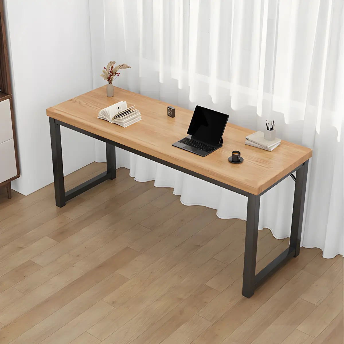 Minimalist Wooden Rectangle Sled Double Writing Desk Image - 8