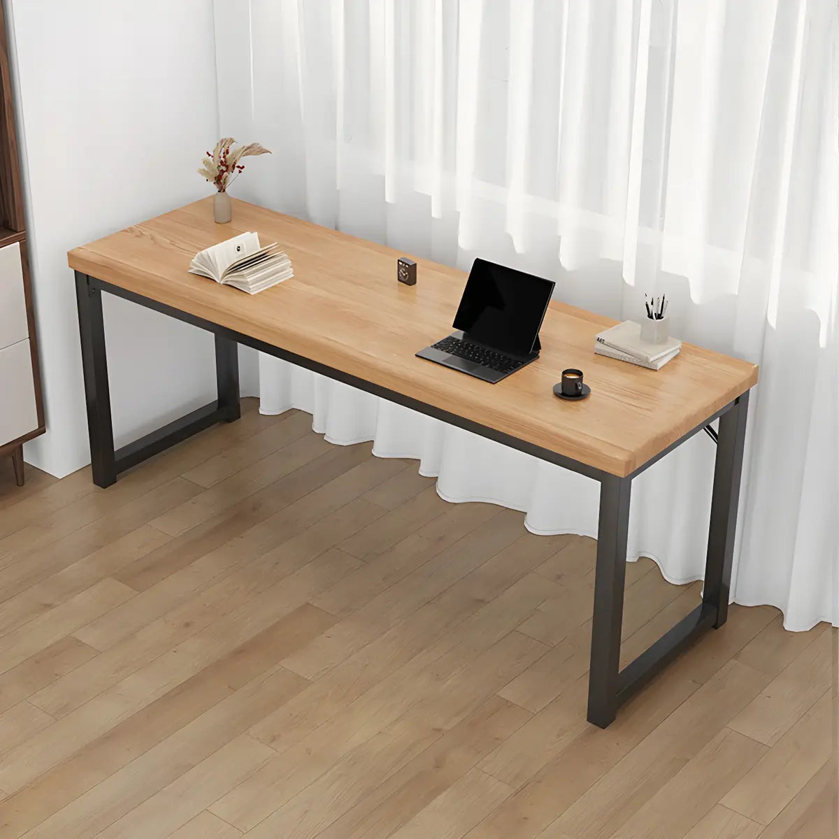 Minimalist Wooden Rectangle Sled Double Writing Desk Image - 9