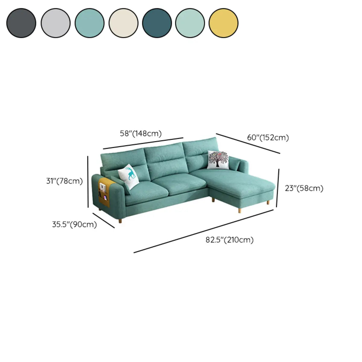 Mint Green Cotton Linen 3-Seat Sofa Chaise with Storage 