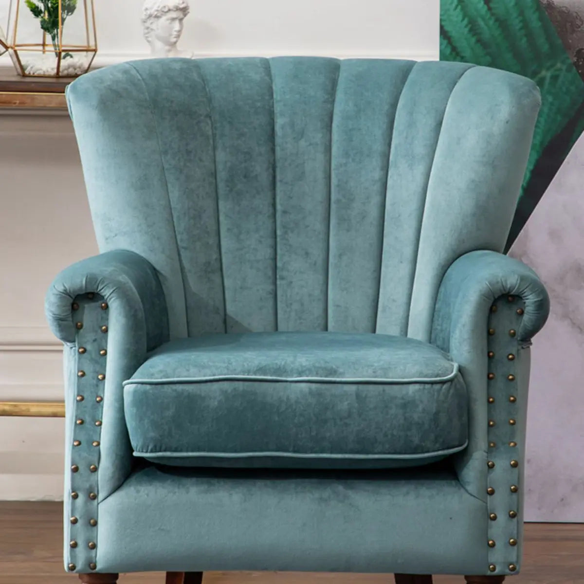 Mint Green Flannel Rolled Arm Nailheads Arm Chair Image - 12