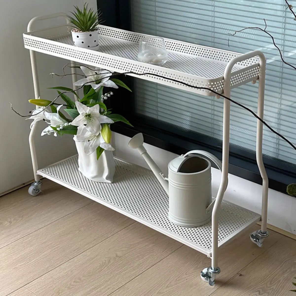 Modern 2 Tier Mesh Metal Sliding Storage Plant Stand Image - 15