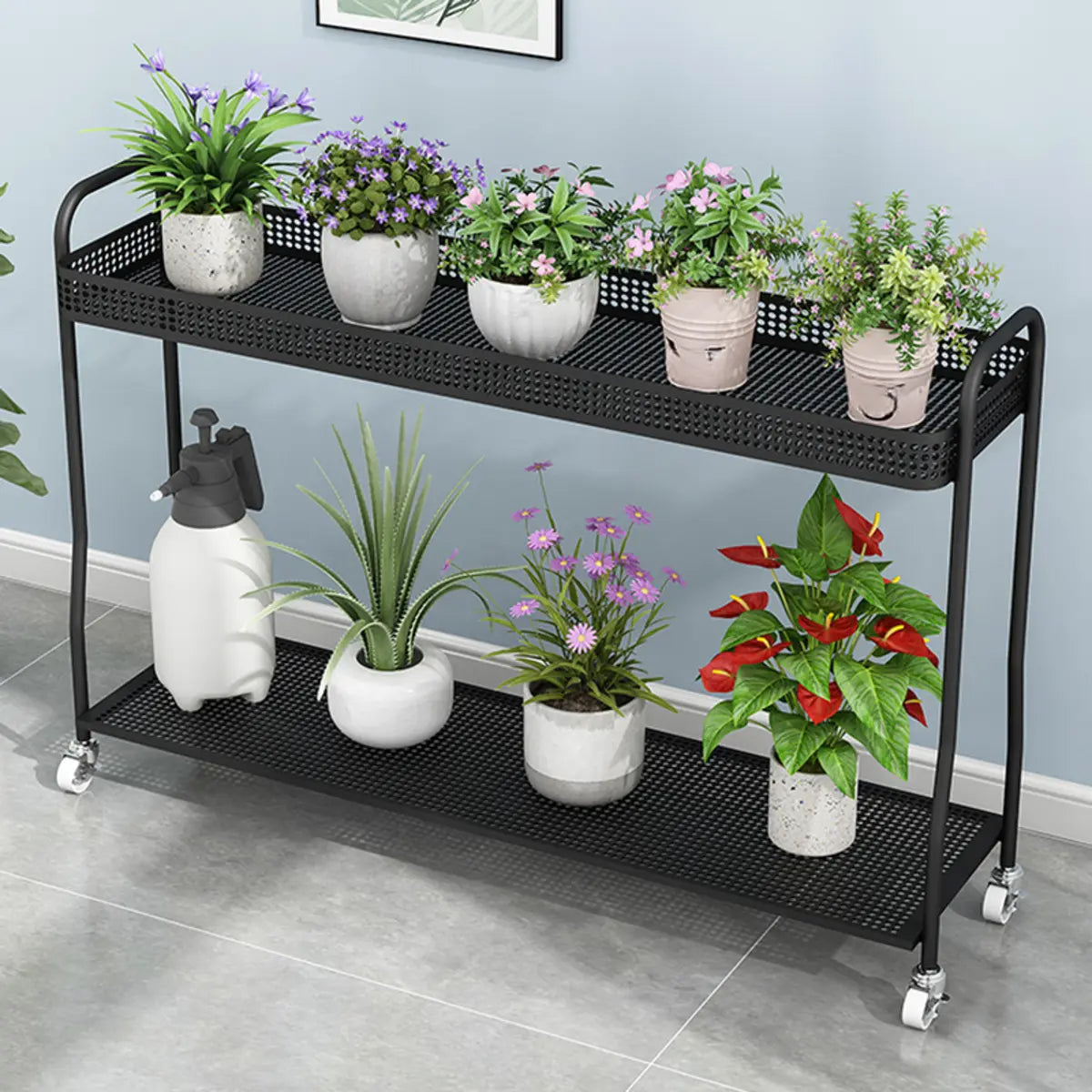 Modern 2 Tier Mesh Metal Sliding Storage Plant Stand Image - 6