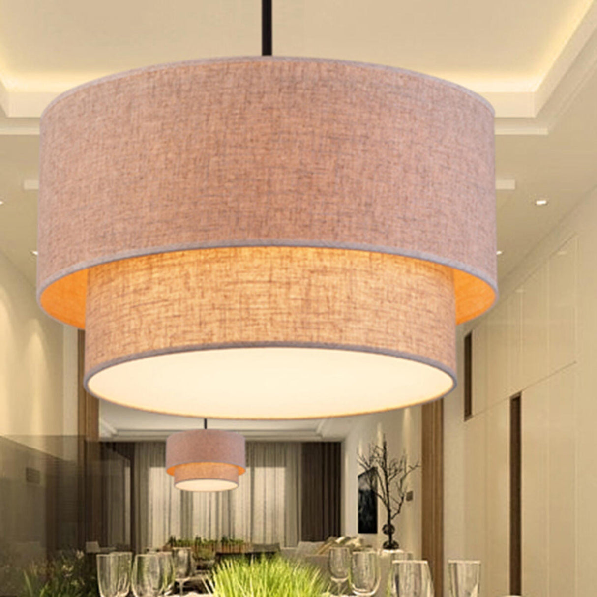 Modern 2 Tiers Fabric Drum Pendant Light Image - 4