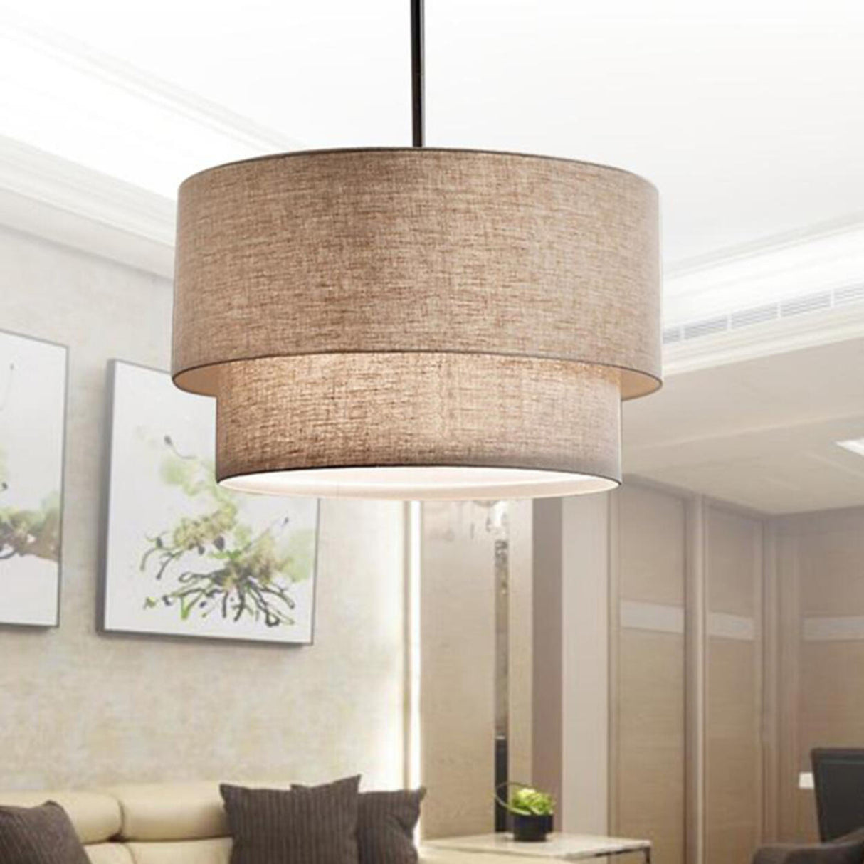 Modern 2 Tiers Fabric Drum Pendant Light Image - 5